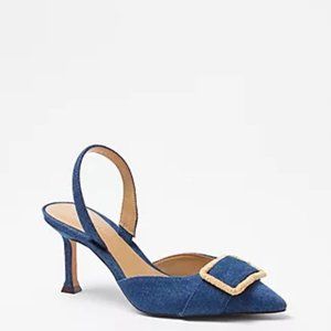 STRAW BUCKLE DENIM SLINGBACK PUMPS IN DENIM